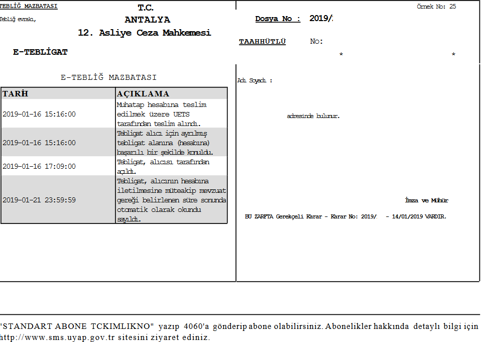 Ulusal Elektronik Tebligat Sistemi Mazbata